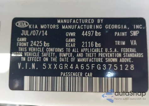 2015 Kia Optima Sxl Turbo z USA, uszkodzony, nr VIN 5XXGR4A65FG375128